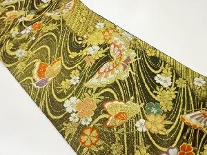 流水に花・蝶模様織出し袋帯